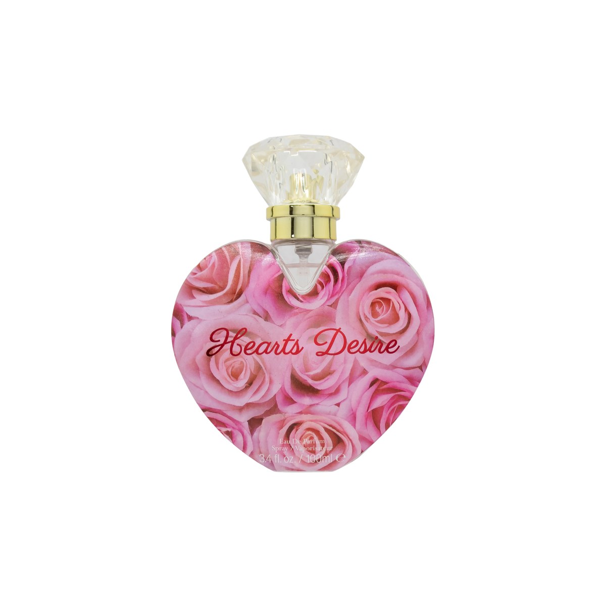 Hearts Desire Pink Rose Eau de Parfum, Hearts Desire, 100 ml – klar glasflaske med rosafarvet duft og sølvlåg i enkel form