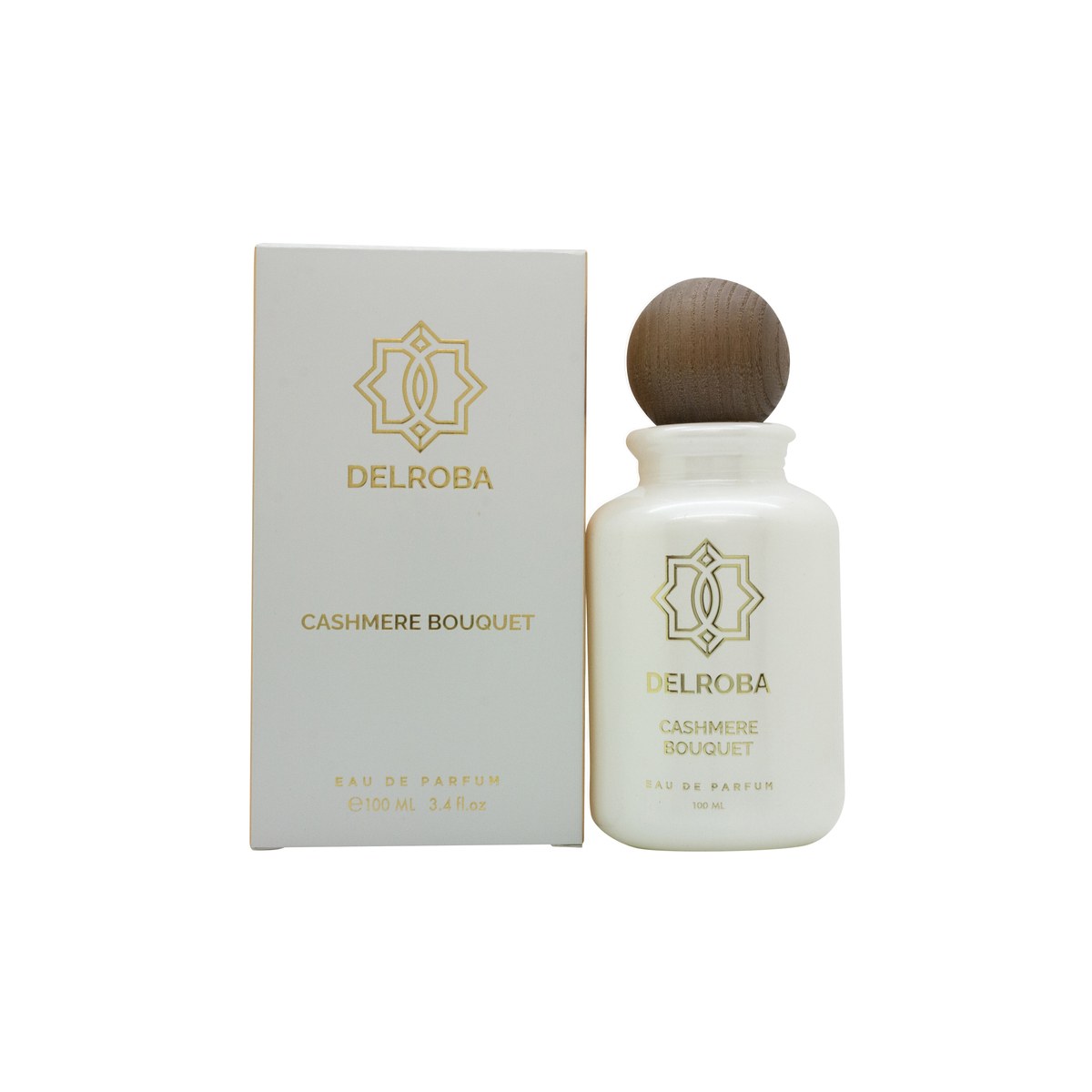 Delroba Parfums Cashmere Bouquet Eau de Parfum 100 ml, klar glasflaske med gylden væske og enkelt, firkantet design