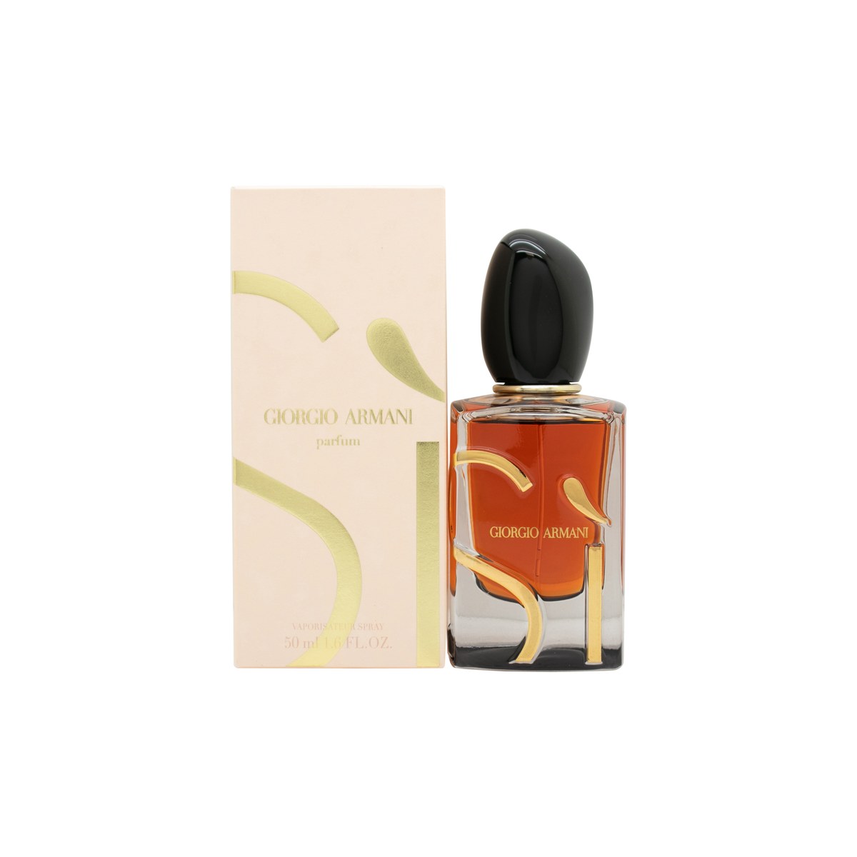Giorgio Armani Sì Parfum, Giorgio Armani, 50 ml – mørk ravfarvet glasflakon med sort hætte og gyldent logo design