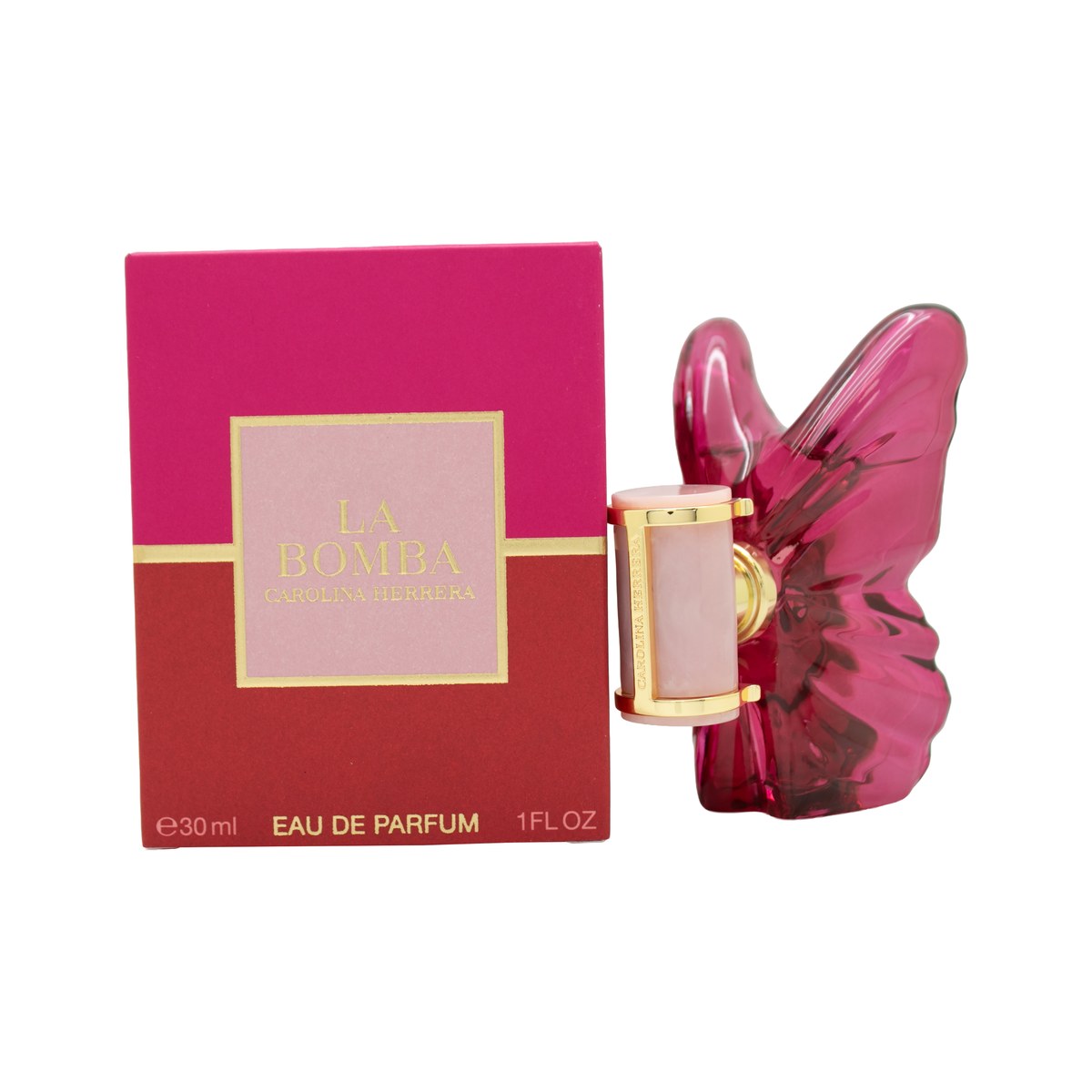 Carolina Herrera La Bomba Eau de Parfum 30 ml – facetteret lyserød flakon formet som kugle med gulddetaljer og lyserød kvast