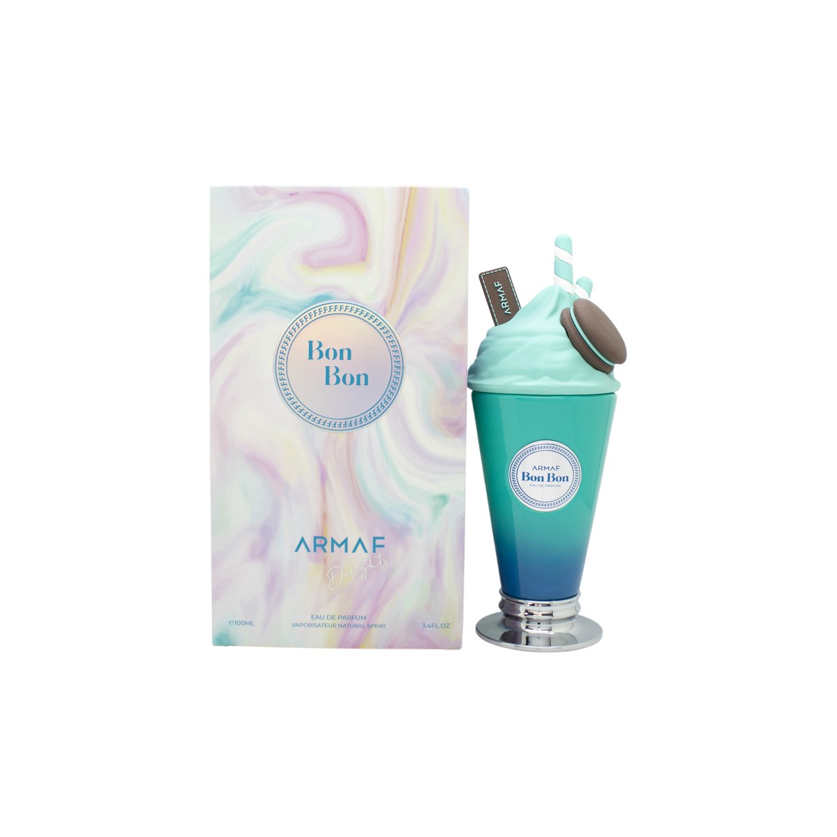 Armaf Bon Bon Eau de Parfum 100 ml – rund lyserød flakon formet som sløjfe med sølvfarvet hætte og elegante detaljer.