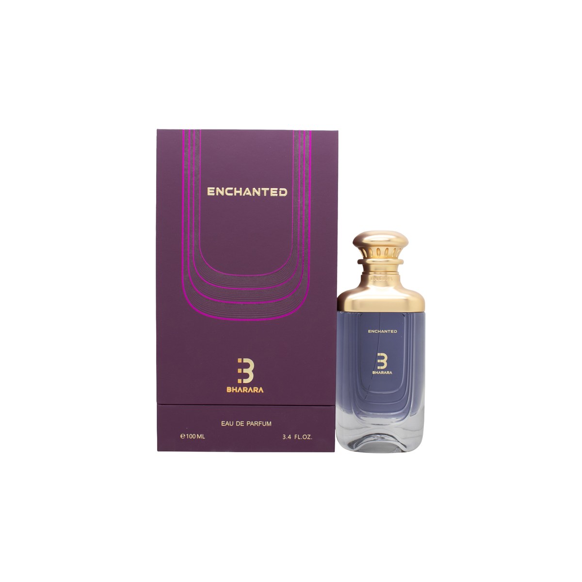 Bharara Enchanted Eau de Parfum 100ml, Bharara Beauty, 100 ml – lilla glasflaske med gylden hætte og elegant, afrundet design