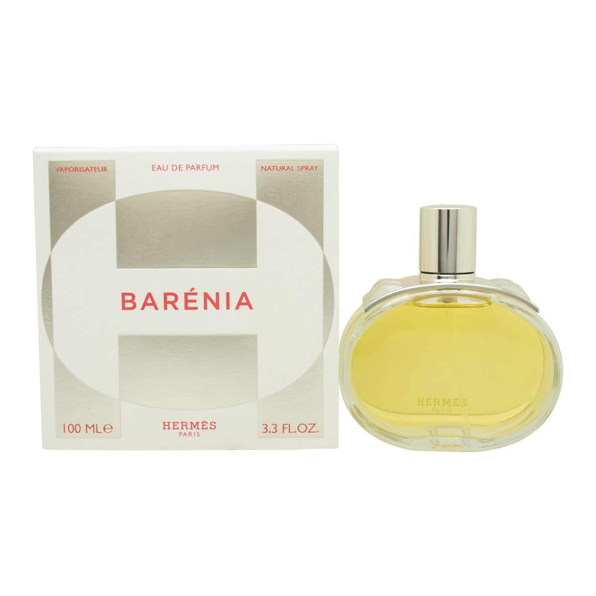Barénia Eau De Parfum Hermès 100 ml, oval glasflaske med varm ravfarvet duft, metalplade med afrundede nitter