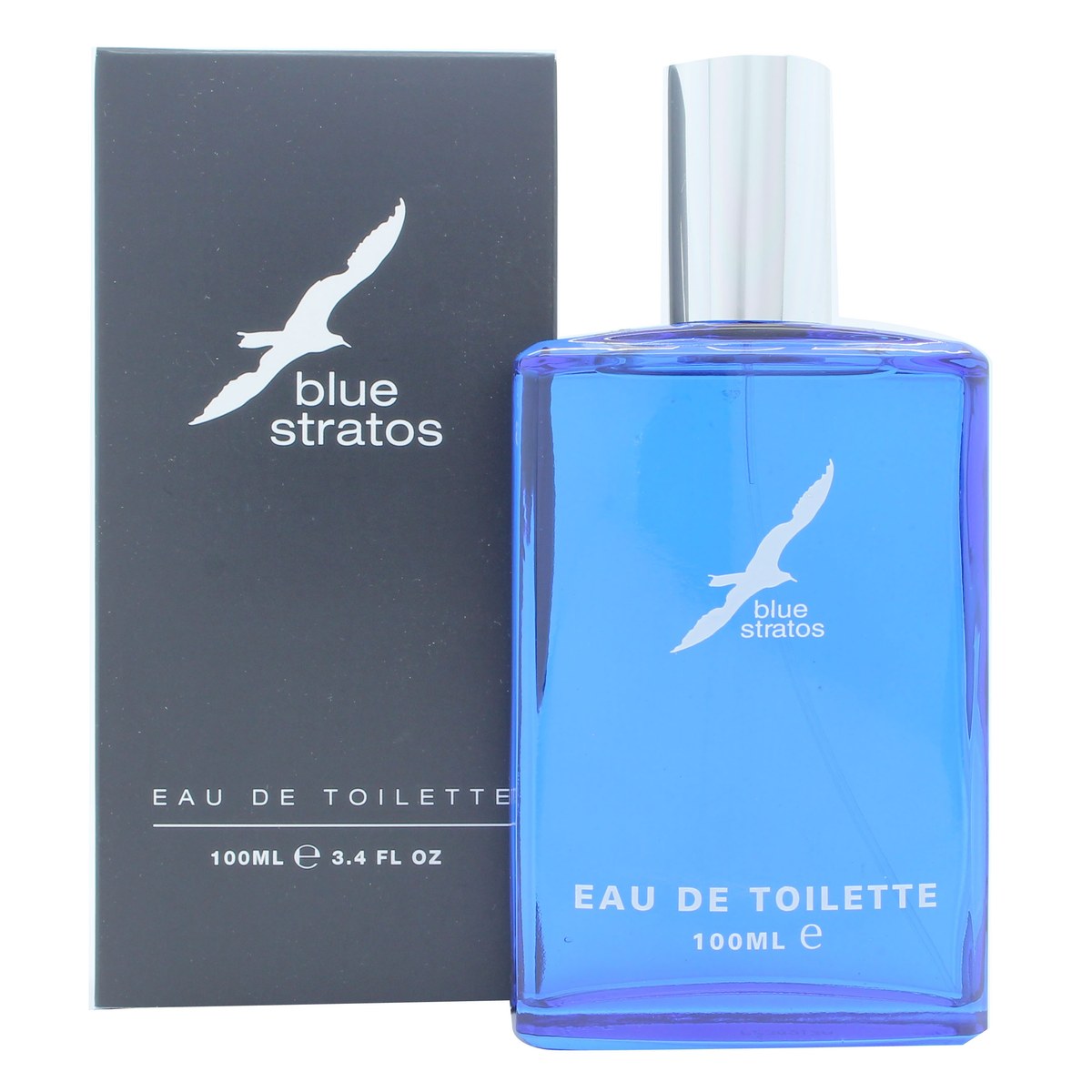 Parfums Bleu Limited Blue Stratos Eau de Toilette 100 ml – blå rektangulær glasflaske med sølv låg og hvidt logo.