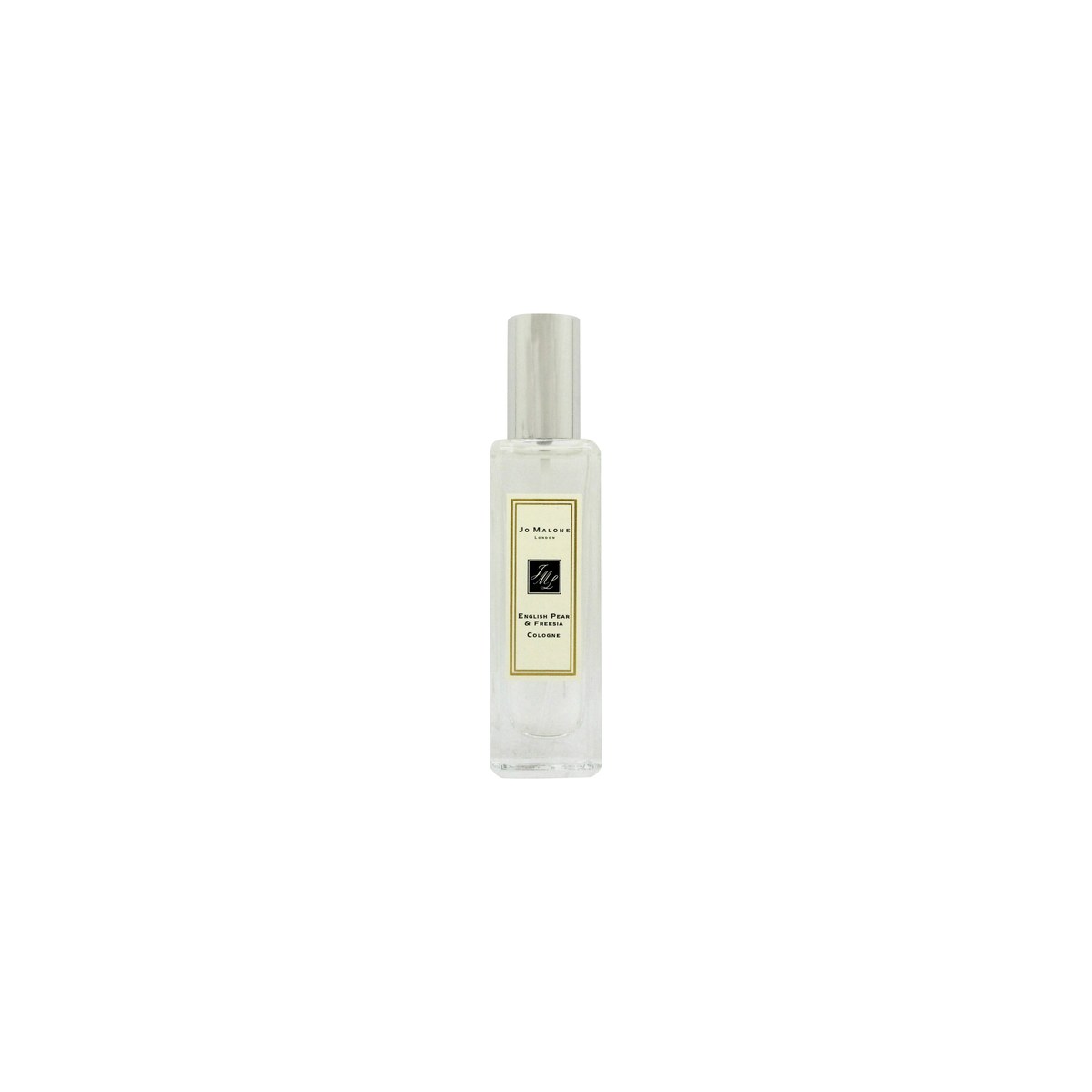 English Pear & Freesia Eau De Cologne Jo Malone 30 ml, klar rektangulær glasflaske med sølvfarvet låg og minimalistisk etiket