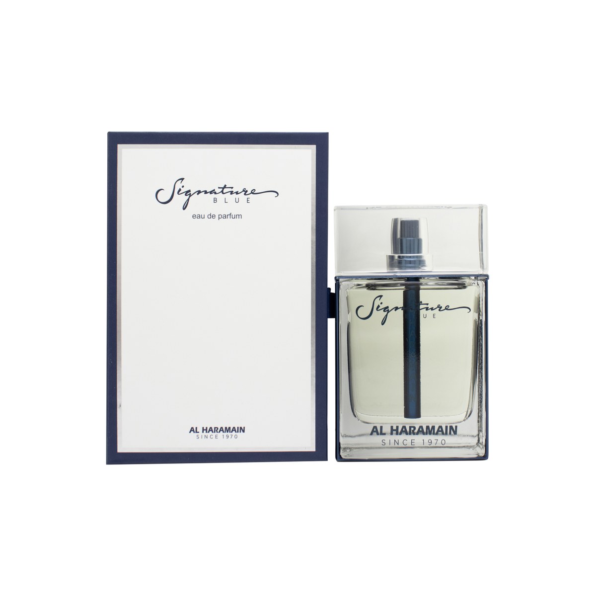 Al Haramain Signature Blue Eau de Parfum 100 ml – rektangulær dybblå glasflaske med sølvkapsel og elegant frontlogo.