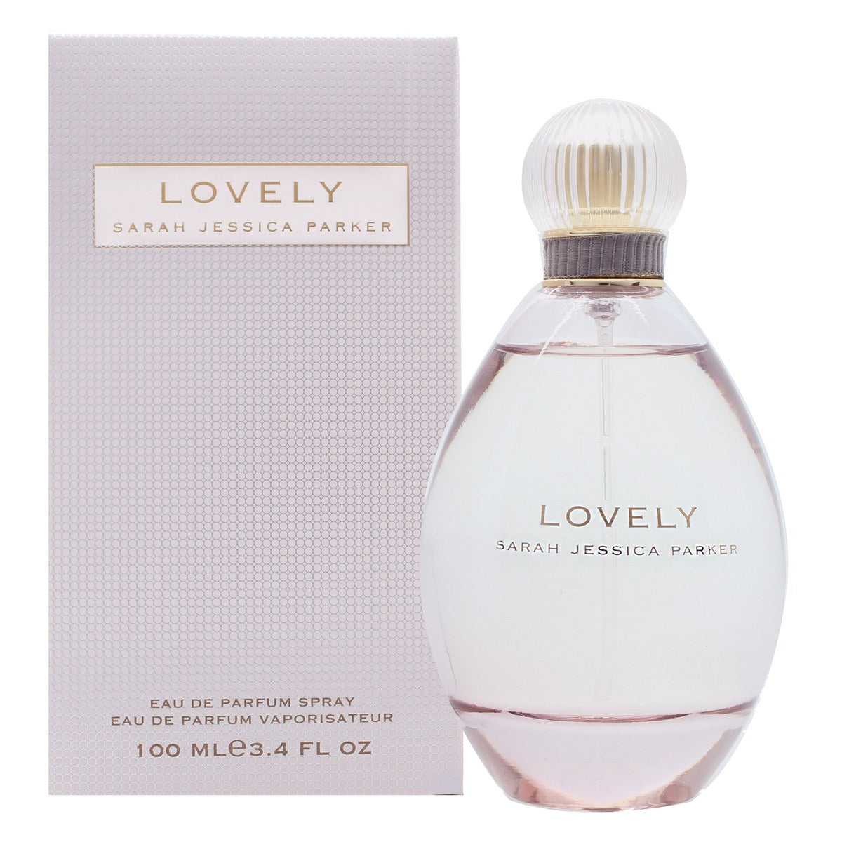 Sarah Jessica Parker Lovely Eau De Parfum 100 ml – oval flaske i blød lyserød glas med sølvhætte og dekorativt bånd