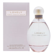 Sarah Jessica Parker Lovely Eau De Parfum 100 ml – oval flaske i blød lyserød glas med sølvhætte og dekorativt bånd