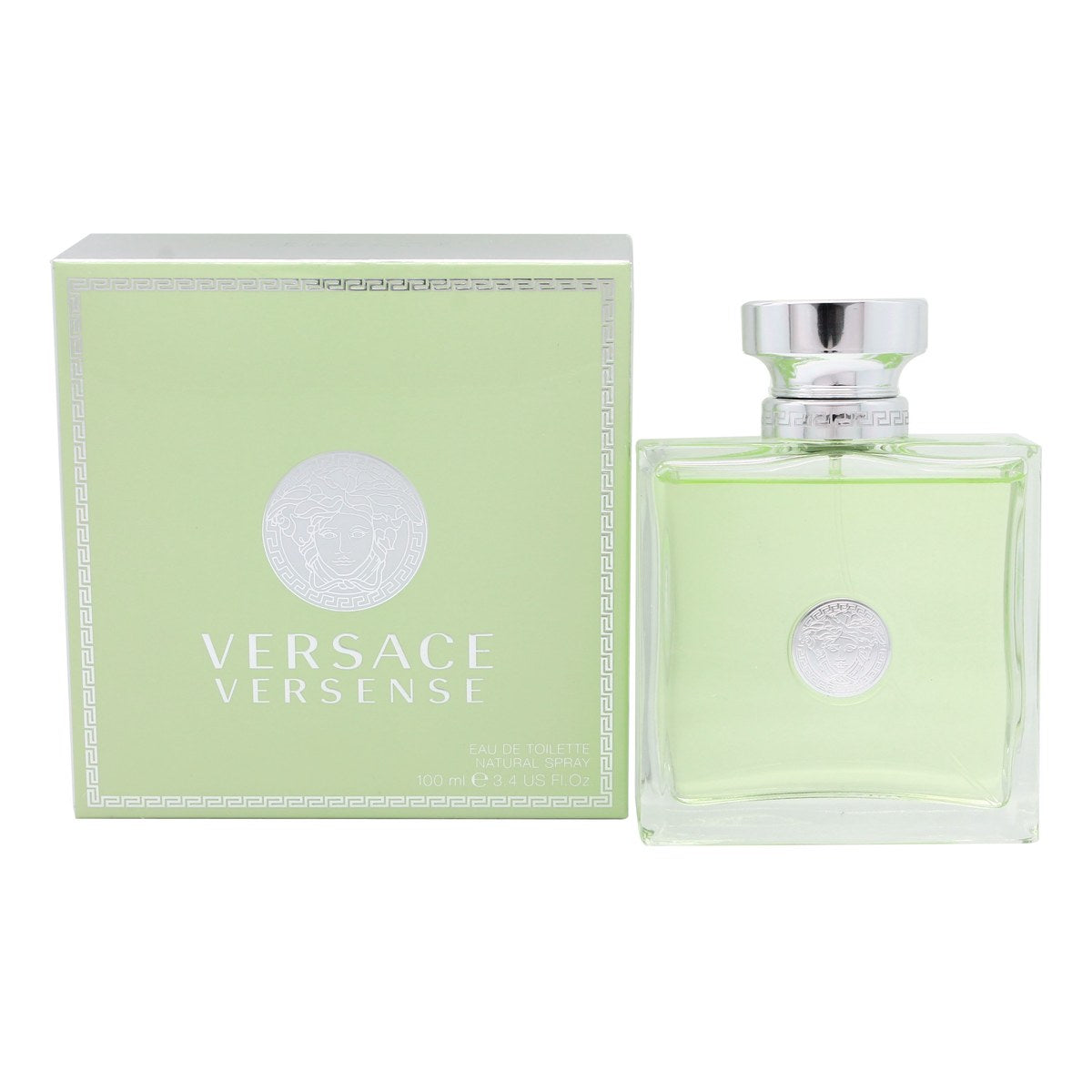 Versace Versense Eau De Toilette Versace 100 ml klar grøn firkantet glasflaske med sølv Medusa-logo og kantet låg