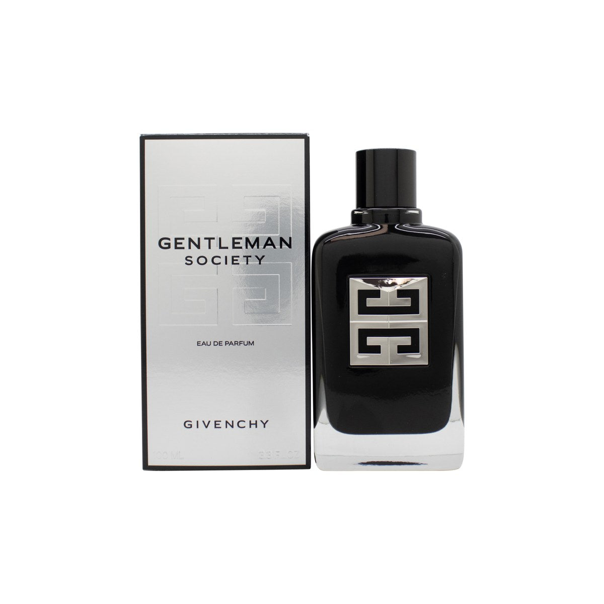 Gentleman Society Eau De Parfum Givenchy 100 ml, sort lakeret glasflaske med kanter og sølv 4G-monogram