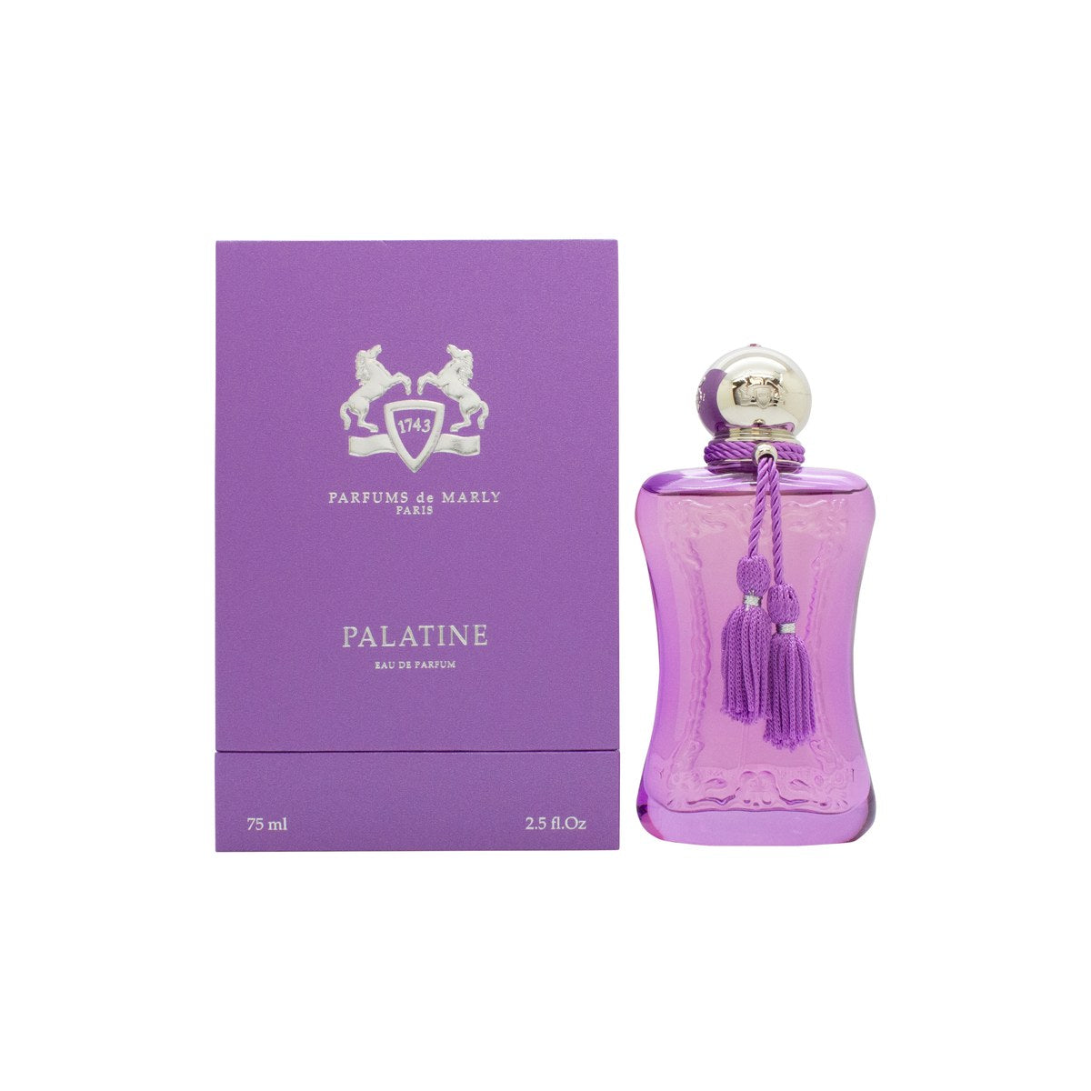 Parfums de Marly Palatine Eau de Parfum 75 ml fra Parfums de Marly, lilla flakon med sølvkappe og kvastdetalje.