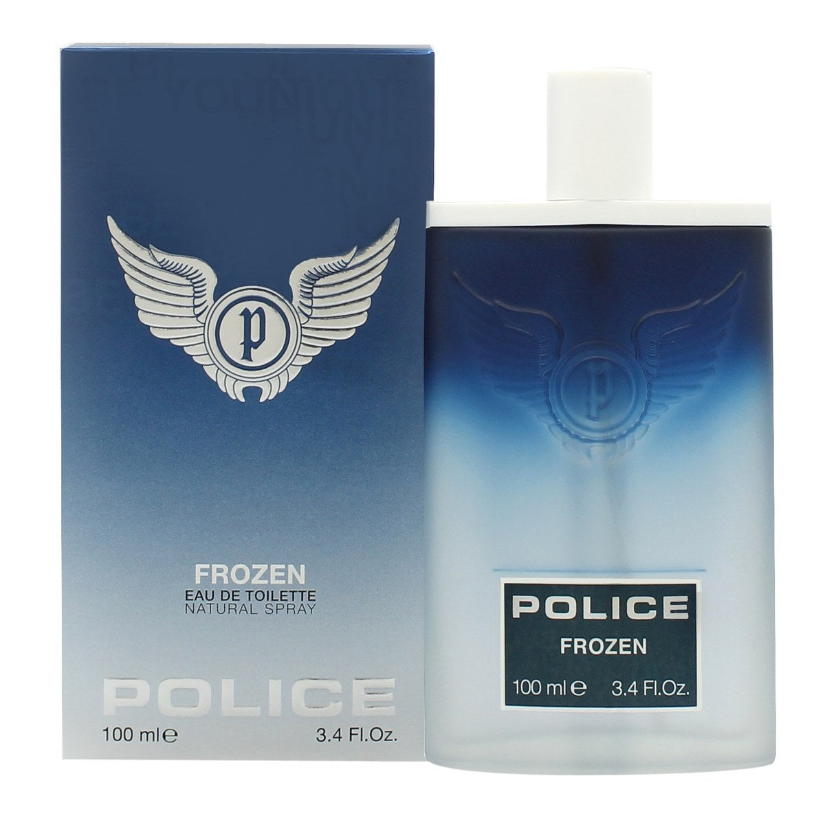 Police Frozen Eau De Toilette 100 ml klar glasflaske med rene linjer og blød blå gradient