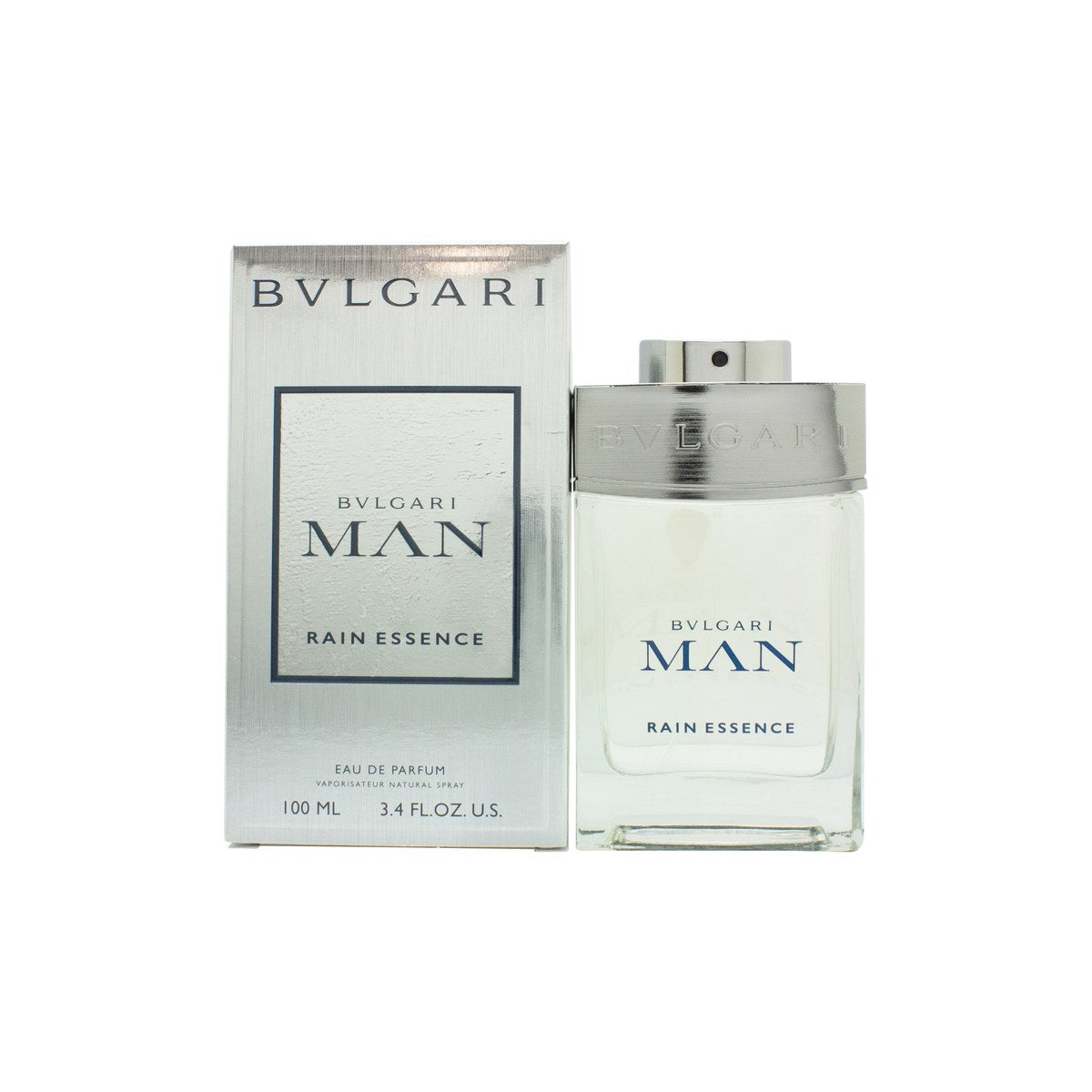 Bvlgari Man Rain Essence Eau de Parfum 100 ml, Bvlgari, klar glasflakon med sølvhætte og blå væske