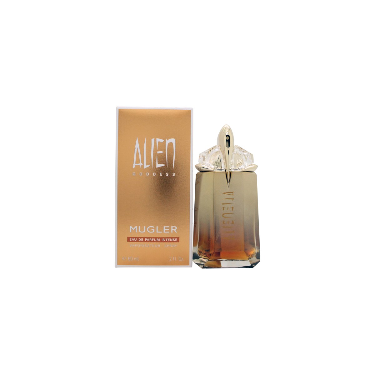Mugler Alien Goddess Intense Eau de Parfum 60 ml – gylden, facetslebet ravfarvet flakon med guldkantet hætte