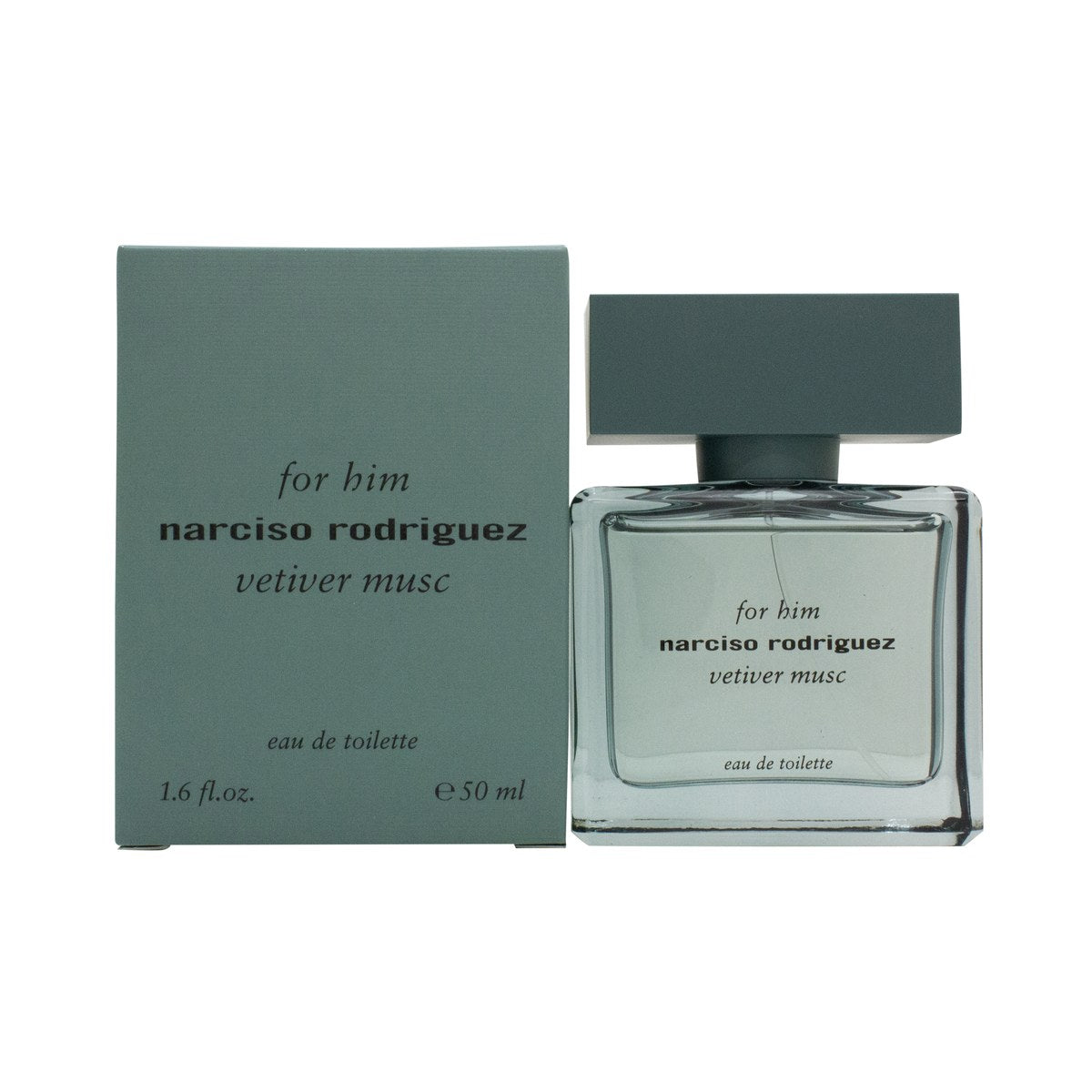 For Him Vetiver Musc Eau De Toilette Narciso Rodriguez 50 ml – slank flaske i transparent aqua-grøn med mat sort låg