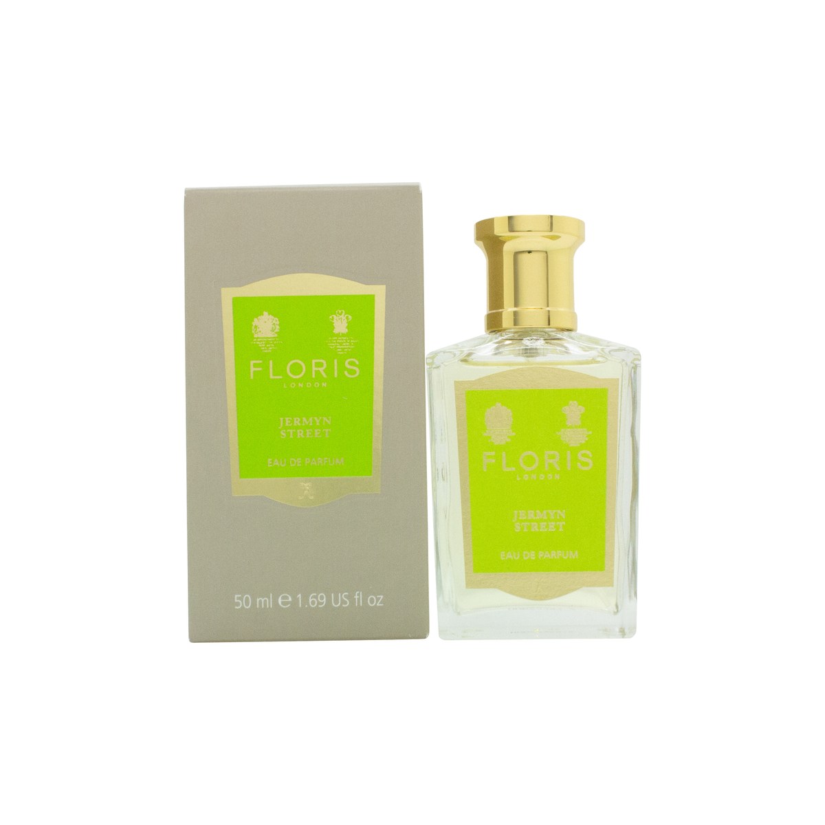 Floris Jermyn Street Eau de Parfum 50 ml fra Floris i klar glasflaske med sølvfarvet låg og enkel hvid etiket.