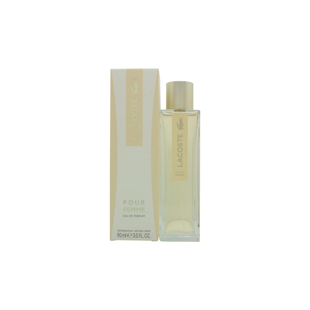 Lacoste Pour Femme Eau De Parfum, Lacoste, 90 ml, klar glasflaske med bløde former og diskret etiket