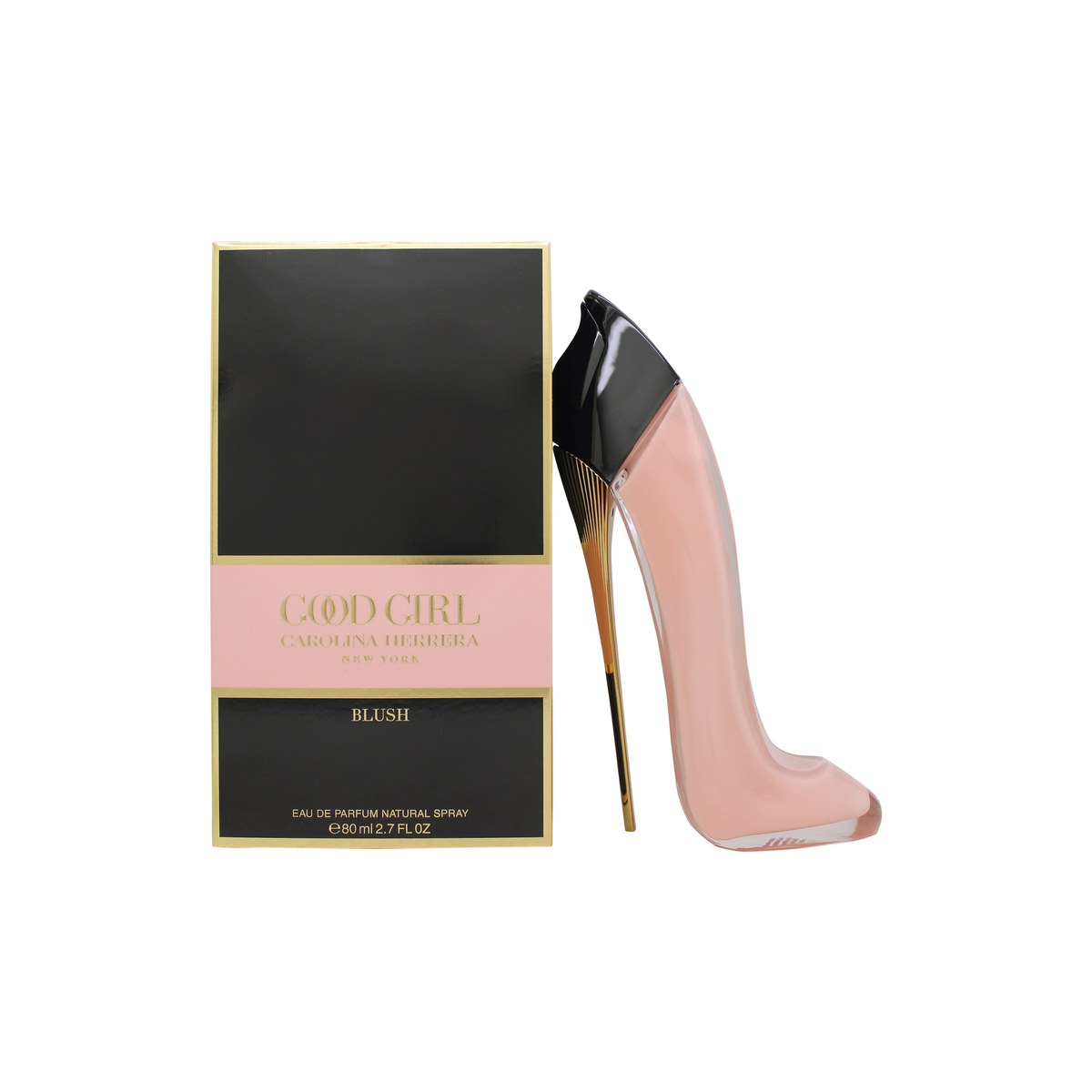 Good Girl Blush Eau De Parfum Carolina Herrera 80 ml, stilettoformet flakon i pastelrosa med slank silhuet og guldfarvet hæl