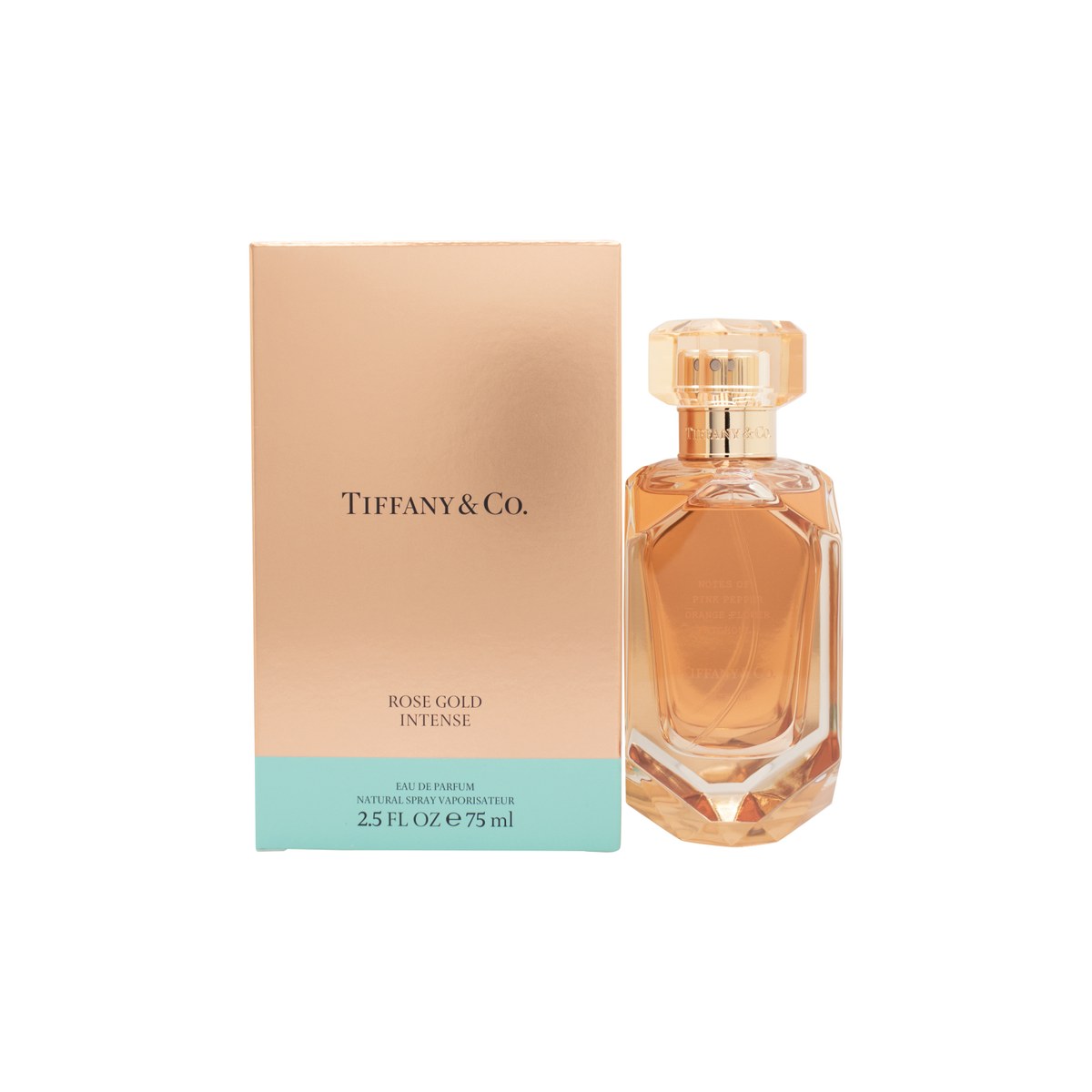 Tiffany & Co Rose Gold Intense Eau de Parfum 75 ml – rosafarvet, facetslebet glasflakon med sort sløjfe ved halsen