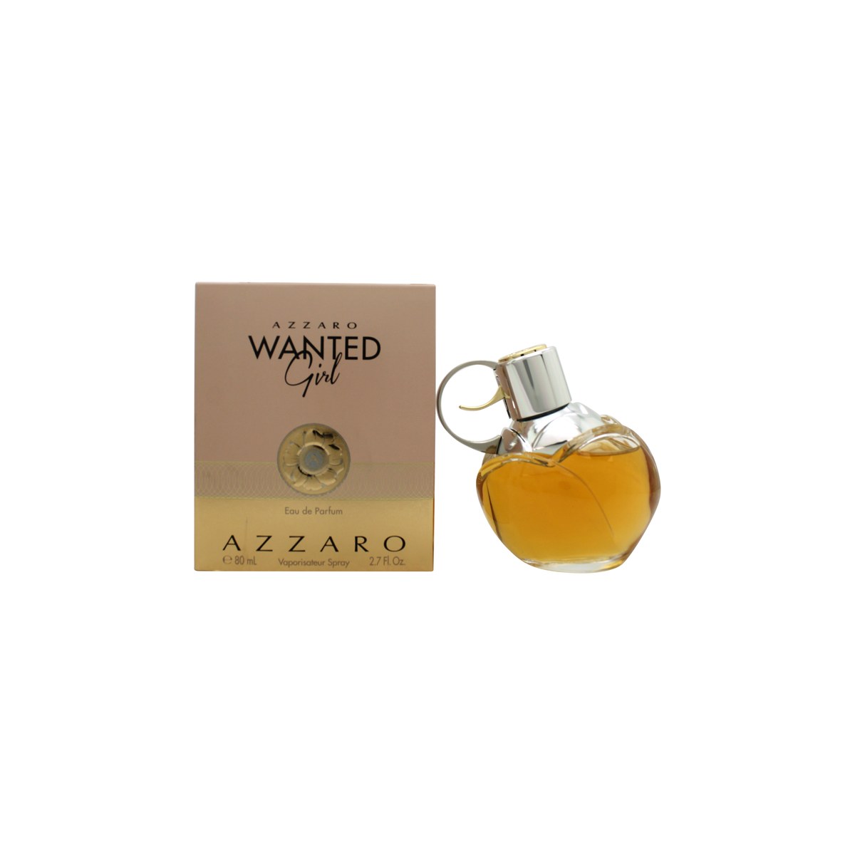 Azzaro Wanted Girl Eau de Parfum 80 ml, Azzaro, rund gylden flakon formet som revolvertromle med klar glasbund