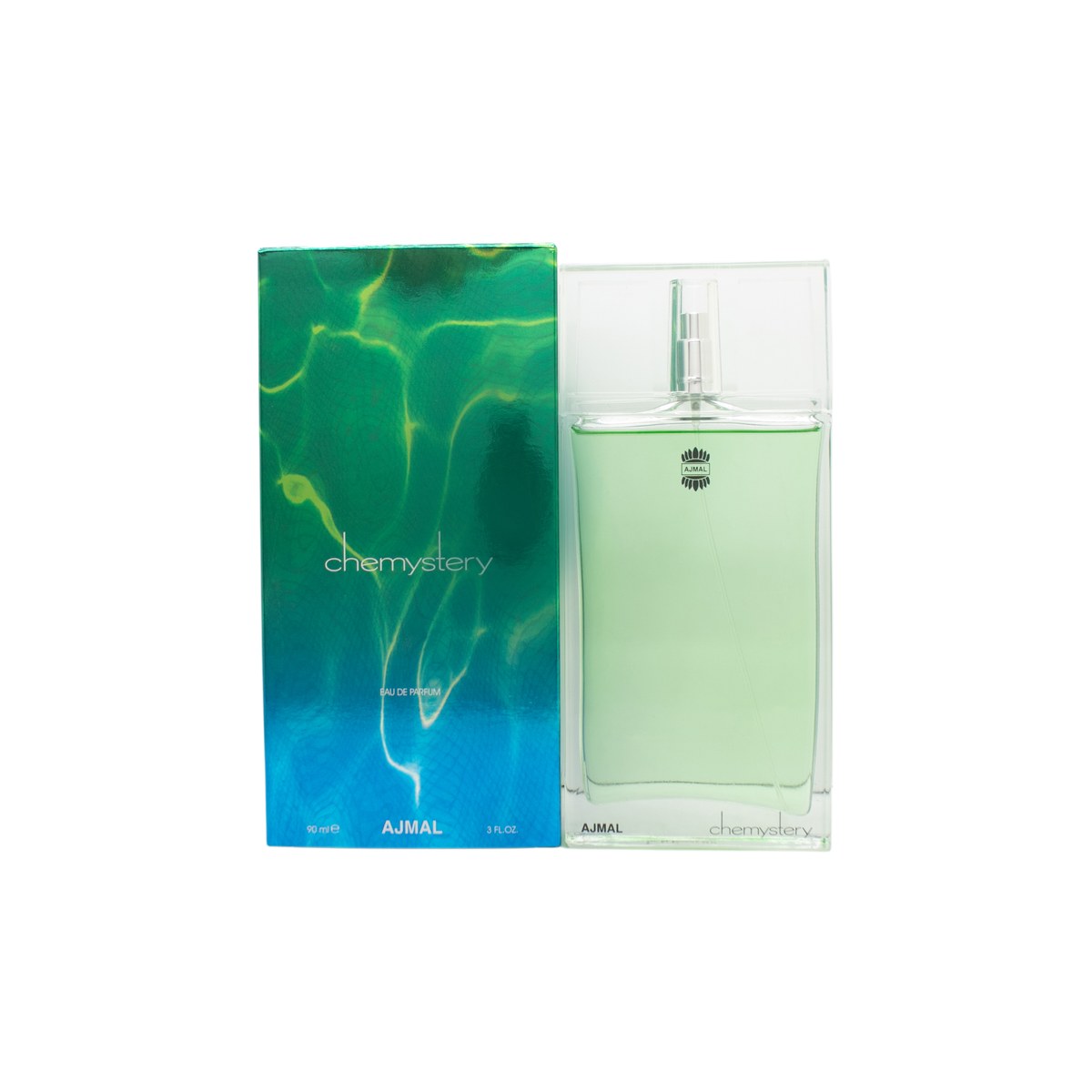 Ajmal Chemystery Eau de Parfum 90 ml fra Ajmal i mørkeblå rektangulær flakon med sølv logo og kantet låg