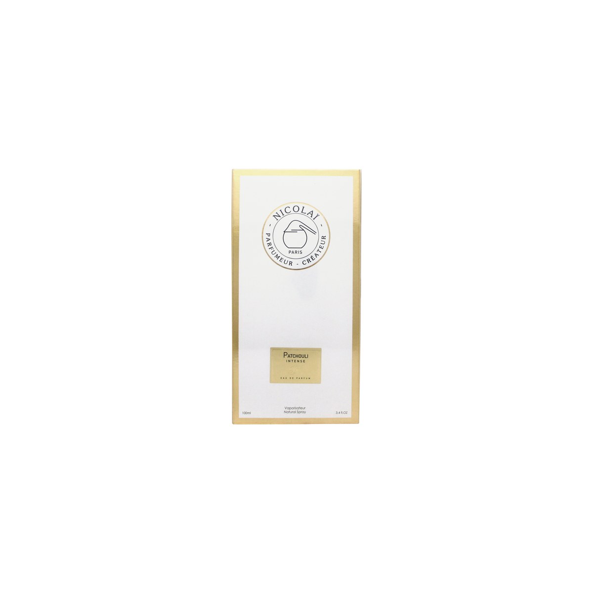 Nicolaï Parfumeur Createur Patchouli Intense Eau de Parfum 100 ml, klar glasflakon med ravfarvet væske og sort firkantet låg