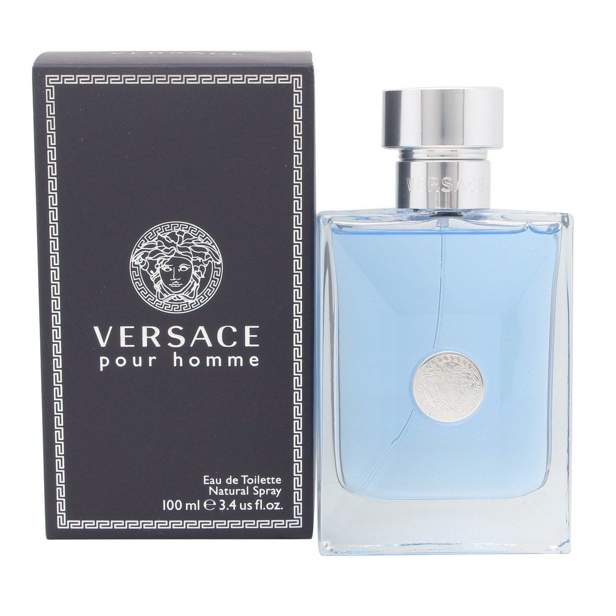 Versace Pour Homme Eau De Toilette Versace 100 ml klar, rektangulær glasflaske med blålig tone, sølvpumpe og Medusa-logo