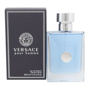 Versace Pour Homme Eau De Toilette Versace 100 ml klar, rektangulær glasflaske med blålig tone, sølvpumpe og Medusa-logo