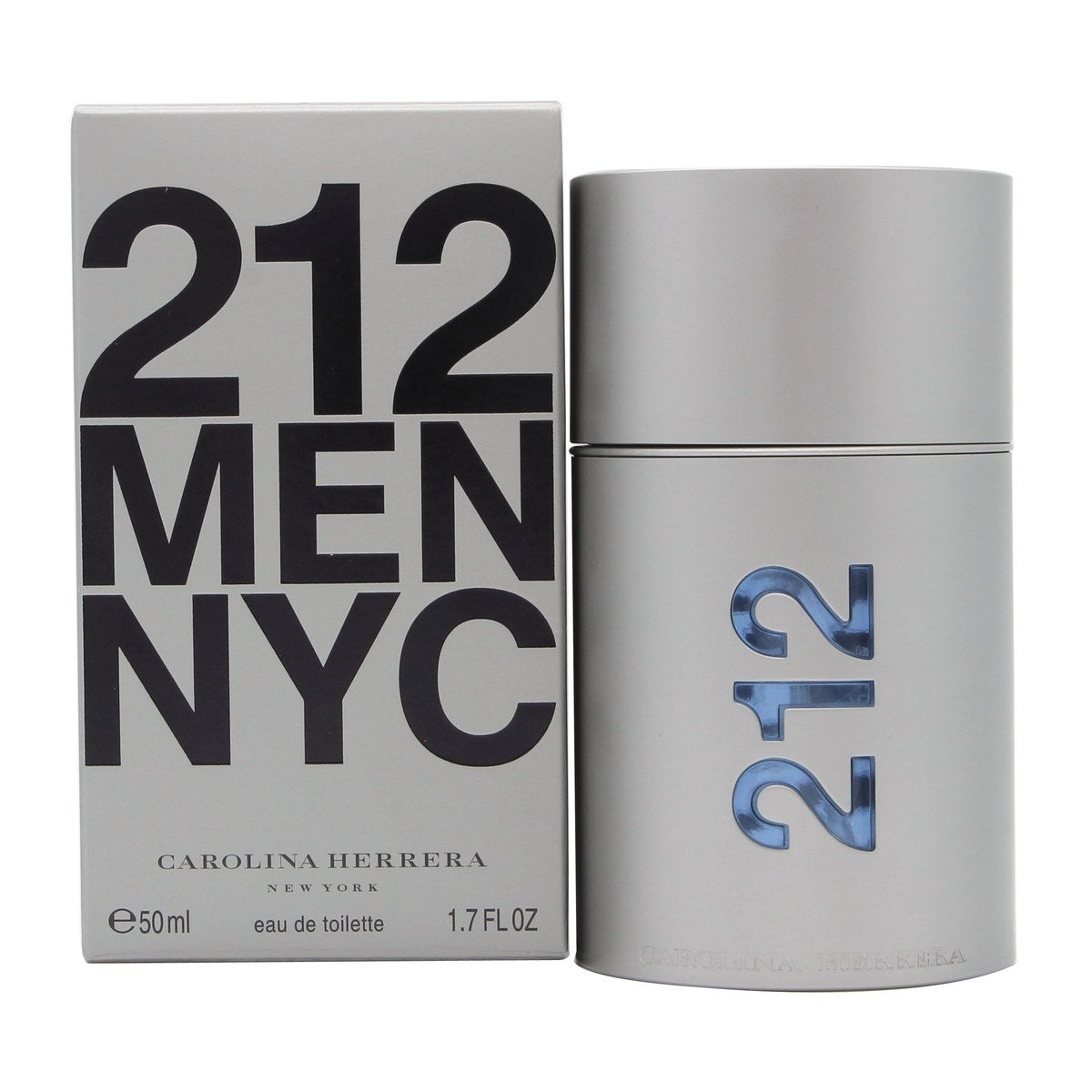 Carolina Herrera 212 Men Eau De Toilette 50 ml, cylinderformet sølvfarvet metalflakon med minimalistisk 212-design