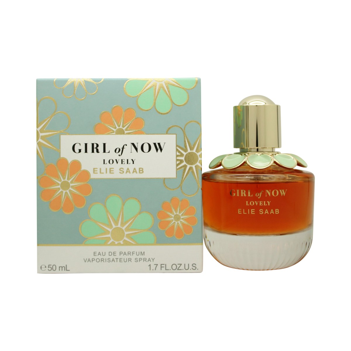 Girl Of Now Lovely Eau De Parfum Elie Saab 50 ml, rund glasflakon i lys rosa med gyldent låg og blomsterdetalje
