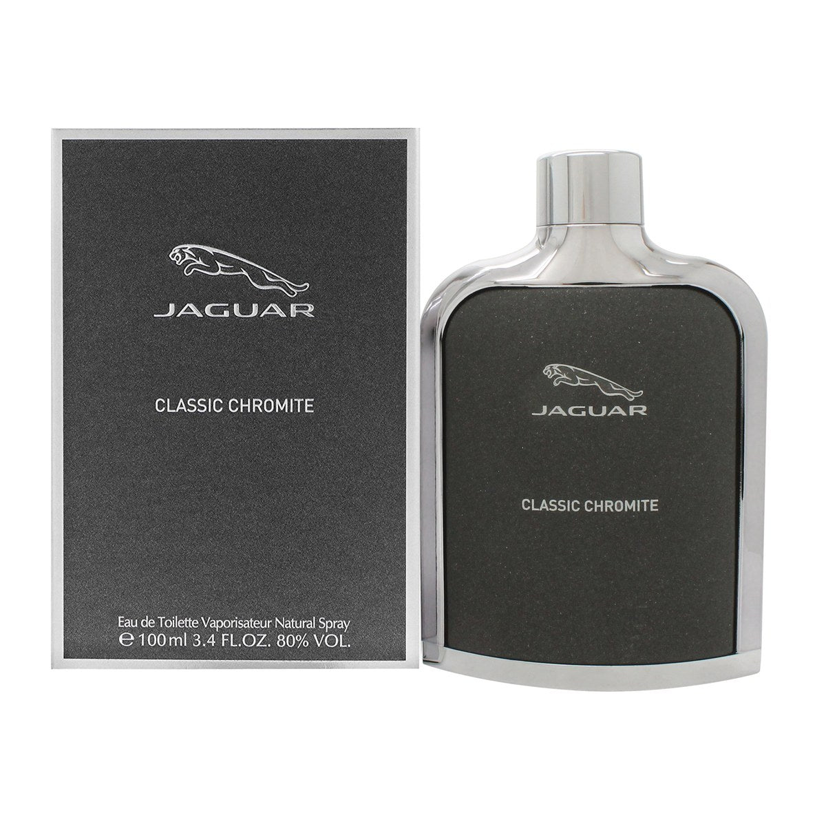 Jaguar Classic Chromite Eau de Toilette, Jaguar, 100 ml – sølvfarvet, rektangulær flakon med blå tone og kromlåg.