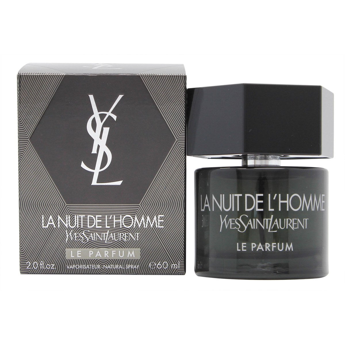 Yves Saint Laurent La Nuit de L'Homme Le Parfum 60 ml – mørk glasflaske med sort sekskantet låg og dyb blå flakon
