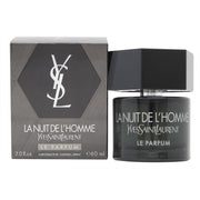 Yves Saint Laurent La Nuit de L'Homme Le Parfum 60 ml – mørk glasflaske med sort sekskantet låg og dyb blå flakon