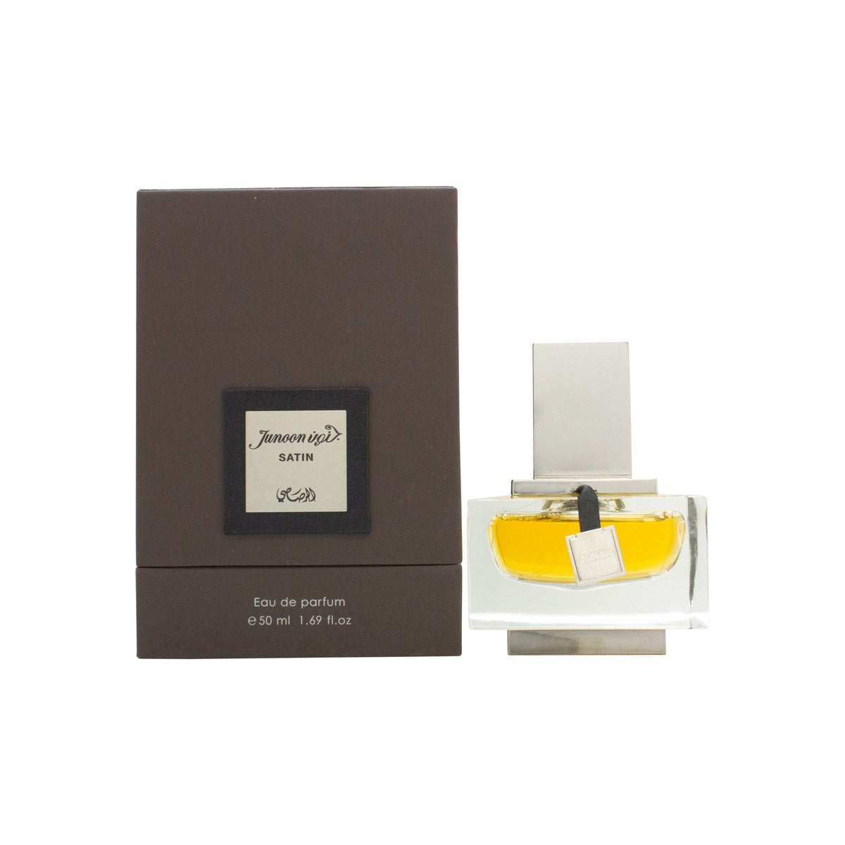 Rasasi Junoon Satin For Men Eau de Parfum 50 ml flakon i mat sort glas med gylden firkantet hætte og enkel front