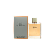 Boss In Motion Original Eau De Toilette, Hugo Boss, 100 ml, rund sølvfarvet flaske med metallisk finish og dynamiske linjer