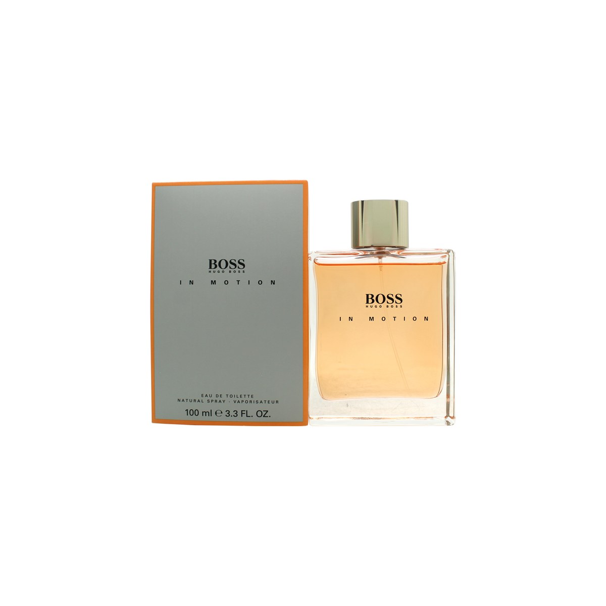 Boss In Motion Original Eau De Toilette, Hugo Boss, 100 ml, rund sølvfarvet flaske med metallisk finish og dynamiske linjer
