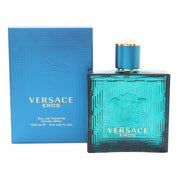 Versace Eros Eau De Toilette 100 ml – Versace, blå firkantet glasflaske med græsk frise og Medusa-logo i front