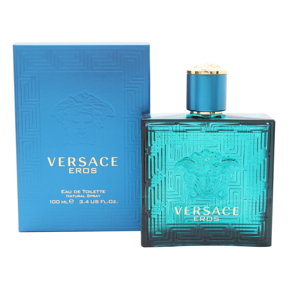Versace Eros Eau De Toilette 100 ml – Versace, blå firkantet glasflaske med græsk frise og Medusa-logo i front
