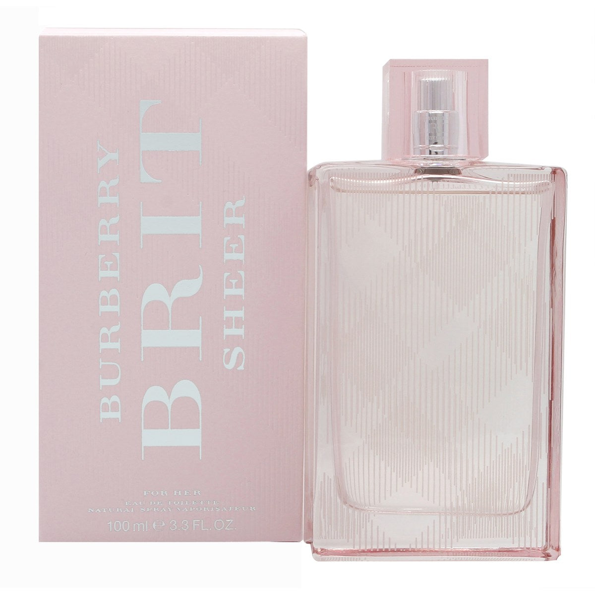 Burberry Brit Sheer Eau de Toilette, Burberry, 100 ml – lyserød glasflakon med ternet mønster og sølvfarvet hætte
