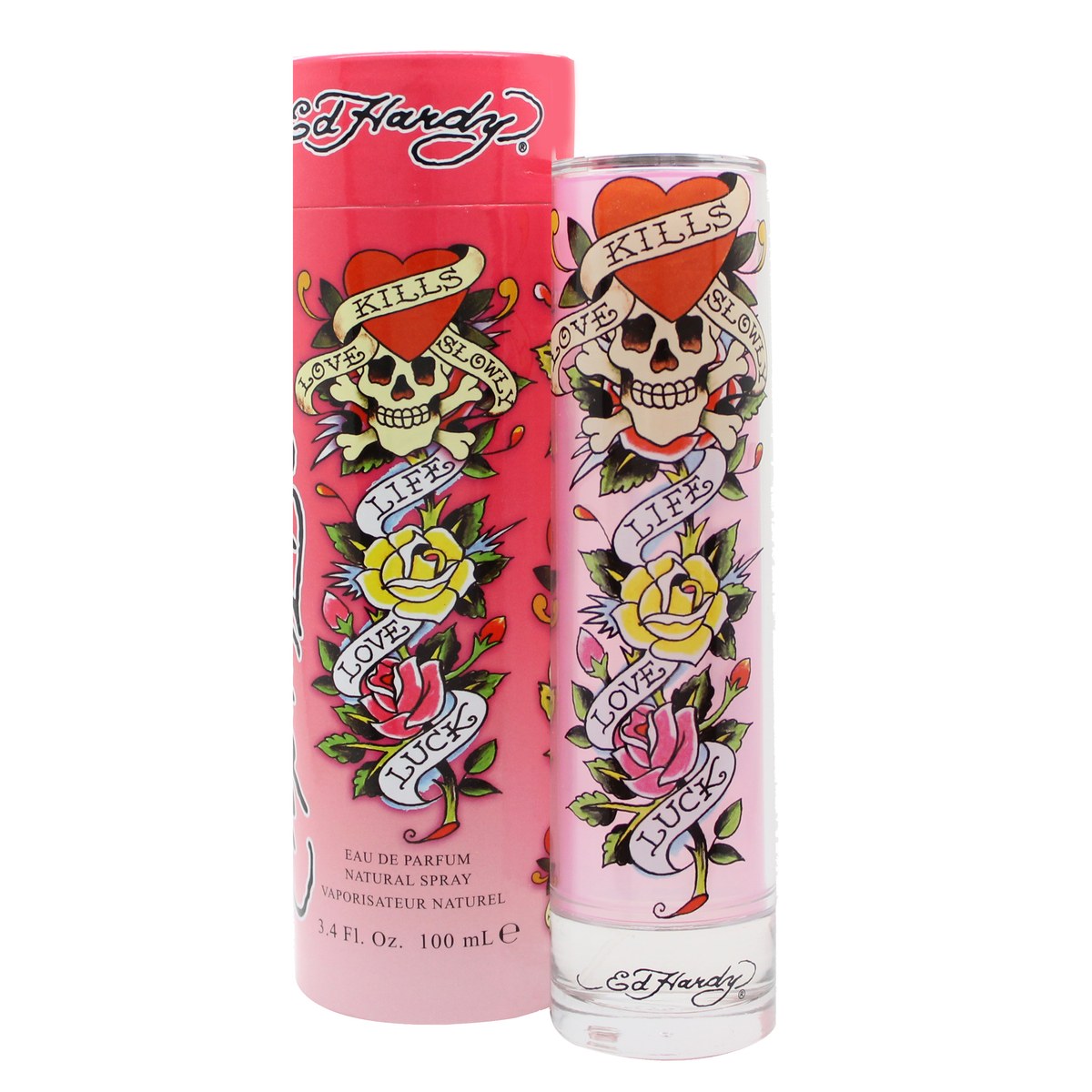 Ed Hardy Eau de Parfum 100 ml, Ed Hardy, pink glasflaske med tatoveringsinspirerede motiver og sølvfarvet låg