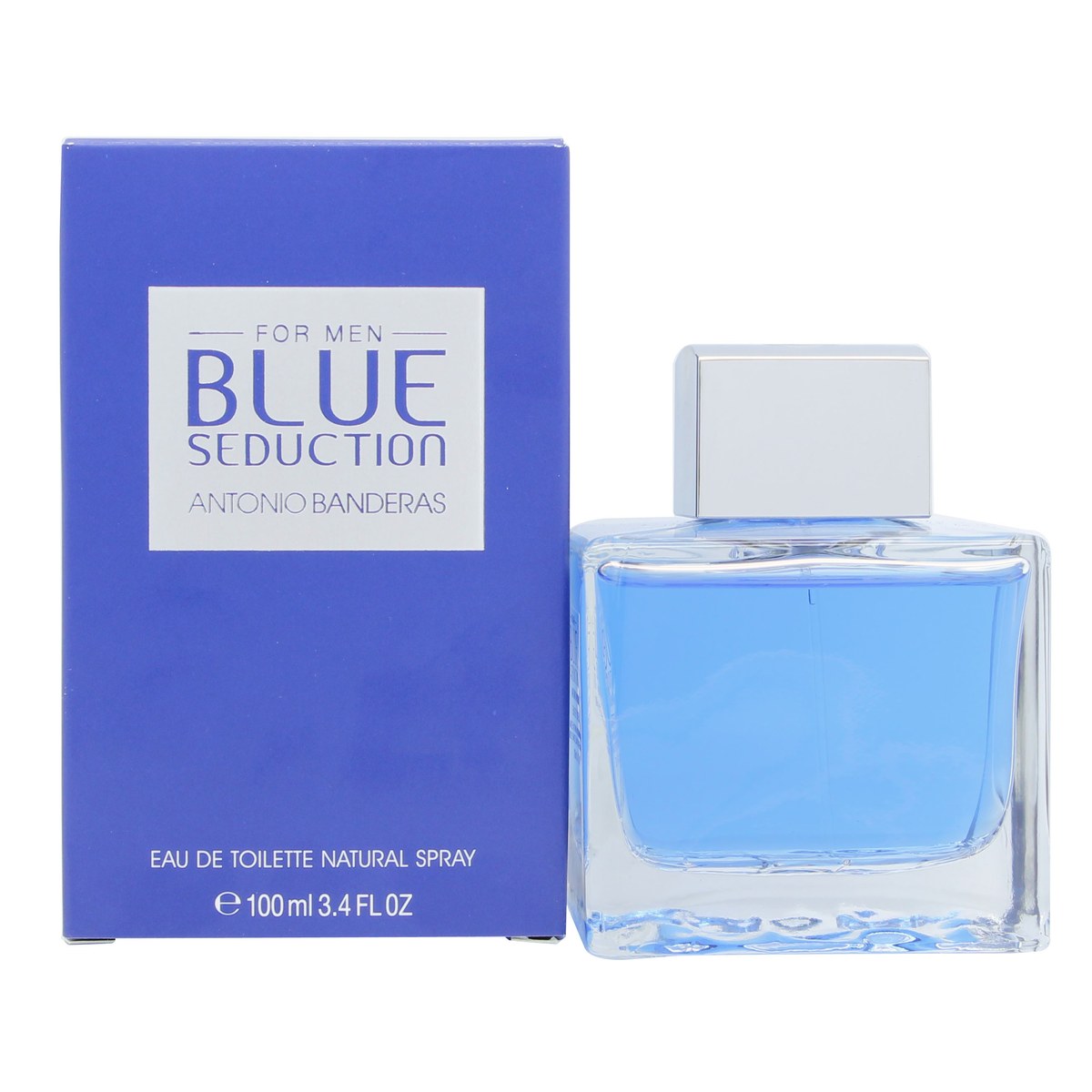 Antonio Banderas Blue Seduction Eau de Toilette, Antonio Banderas 100 ml – klar glasflaske med lyseblå væske og sølvtop.