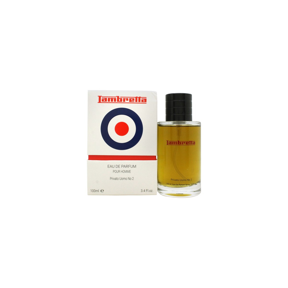 Lambretta Privato Uomo No.2 Eau de Parfum 100ml – mørktonet, kantet glasflaske med sort låg og minimalistisk etiketdesign.