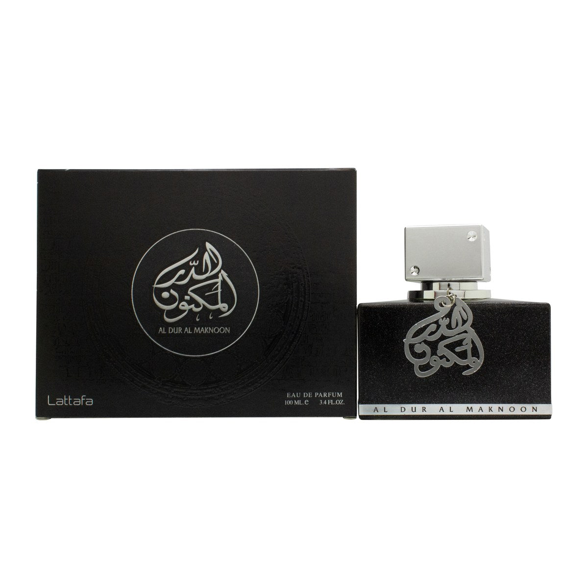 Lattafa Al Dur Al Maknoon Silver Eau De Parfum 100 ml, sølvfarvet cylindrisk flakon med præget mønster og matchende låg