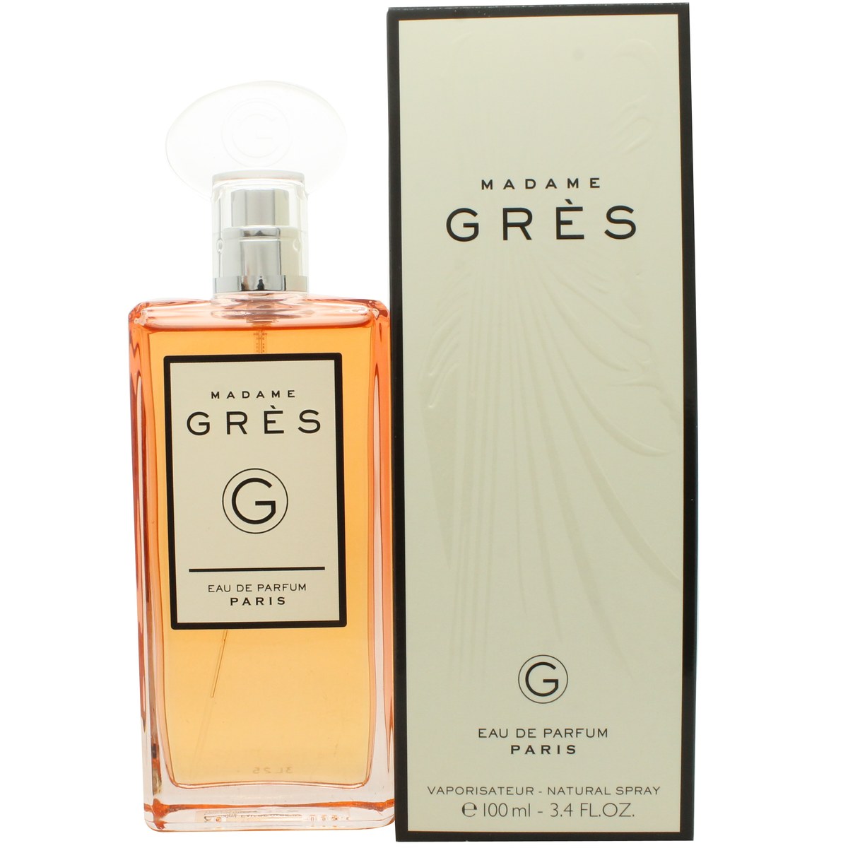 Gres Parfums Madame Gres Eau de Parfum 100 ml, klassisk klar glasflaske med gyldent låg og enkel typografi