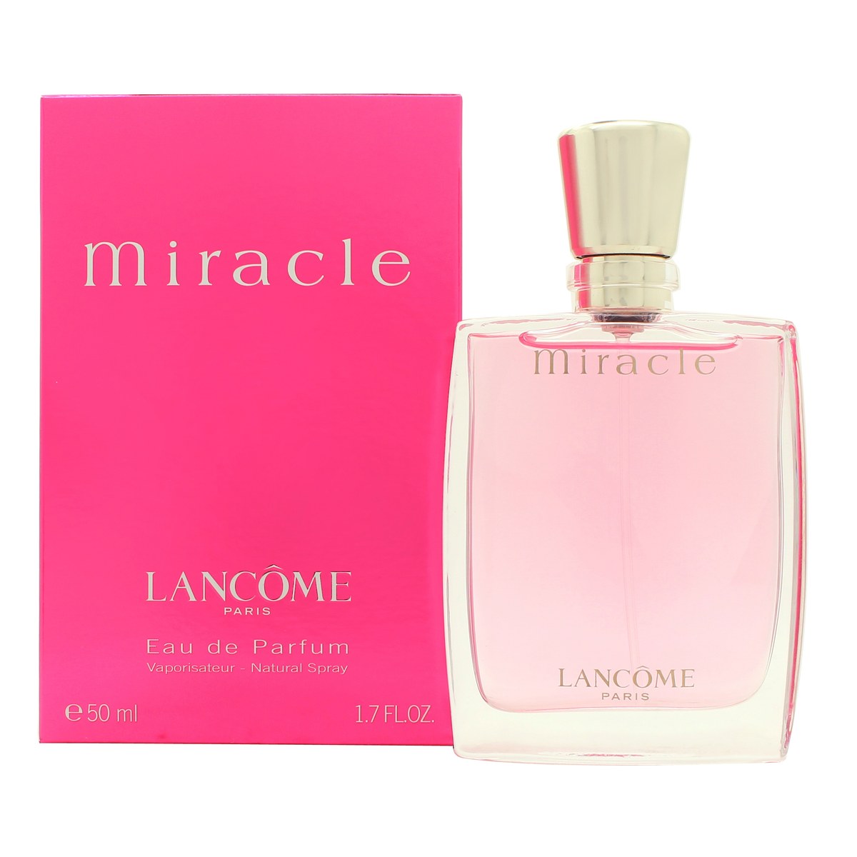 Lancome Miracle Eau de Parfum 50 ml fra Lancôme – rektangulær glasflaske med rosa duft og sølvfarvet låg