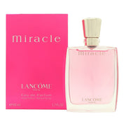 Lancome Miracle Eau de Parfum 50 ml fra Lancôme – rektangulær glasflaske med rosa duft og sølvfarvet låg