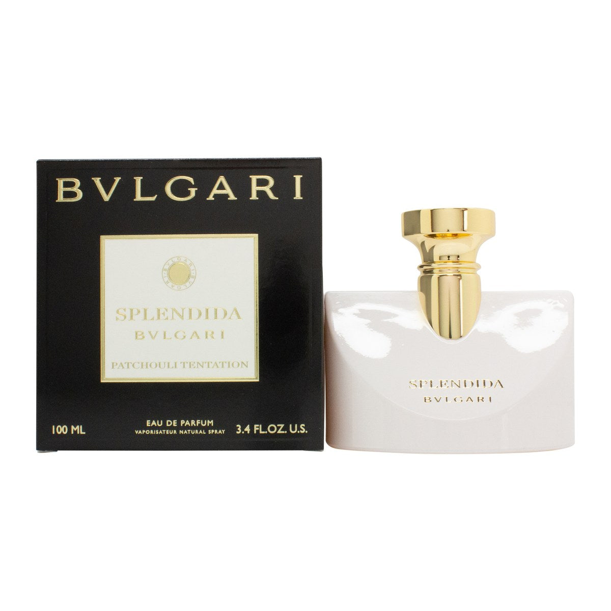 Bvlgari Splendida Patchouli Tentation Eau de Parfum 100 ml, sort og gylden flakon med kurvet glas og sort hætte.