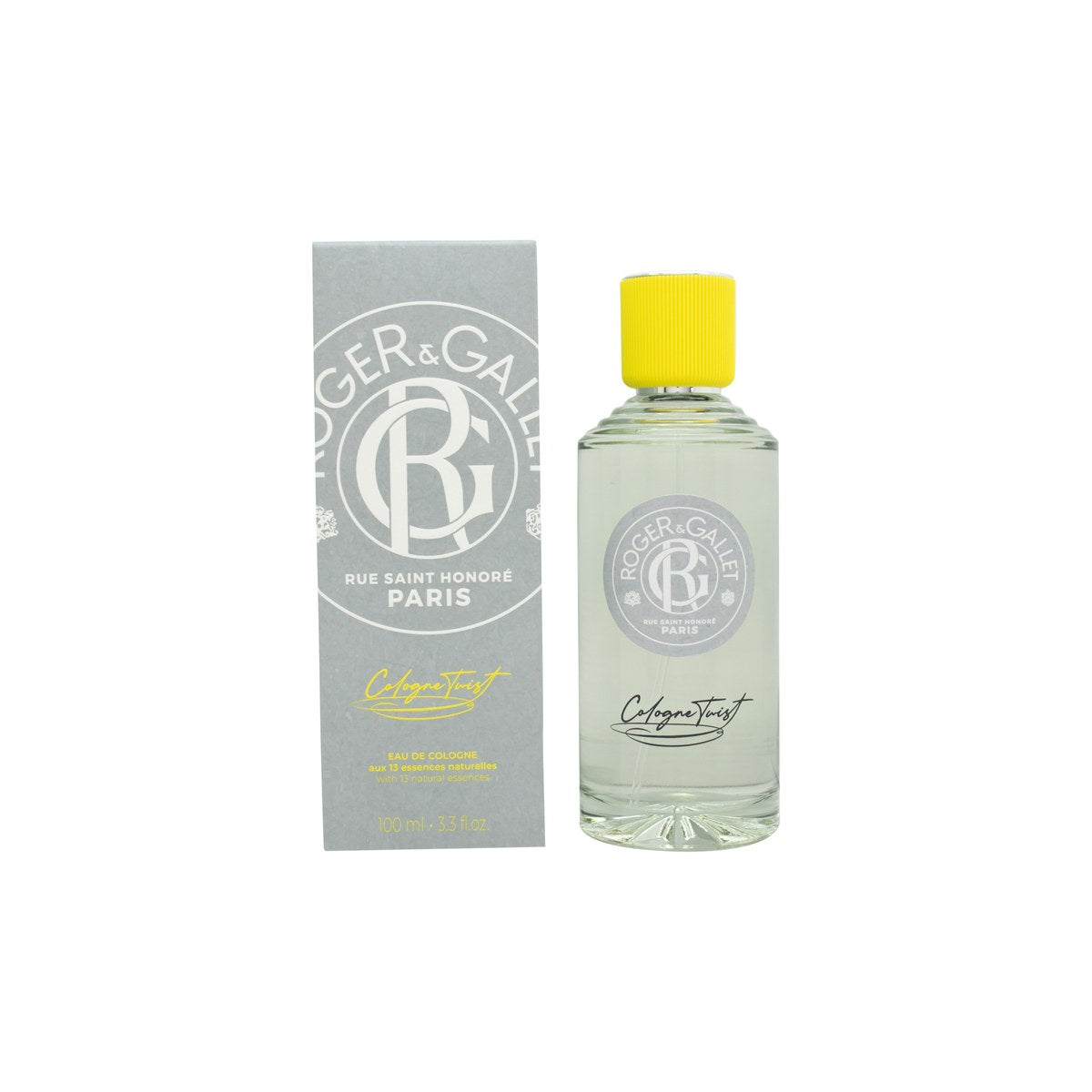 Roger & Gallet Cologne Twist Eau De Cologne, Roger & Gallet 100 ml klar glasflaske med orange etiket og sølvfarvet låg.