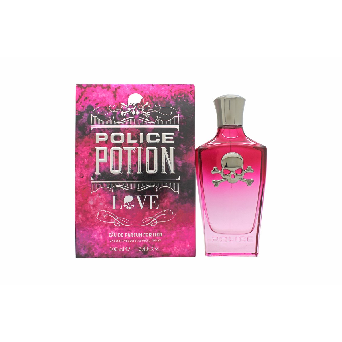 Police Potion Love Eau De Parfum, Police, 100 ml – lyserød hjerteformet glasflaske med sølvfarvet kraniehætte