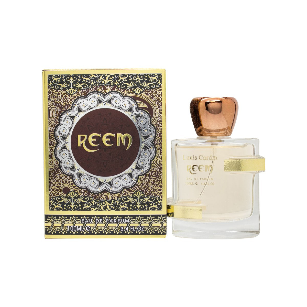Louis Cardin Reem Eau de Parfum 100 ml, klar glasflaske med rosatonet duft og gyldent låg i elegant design.